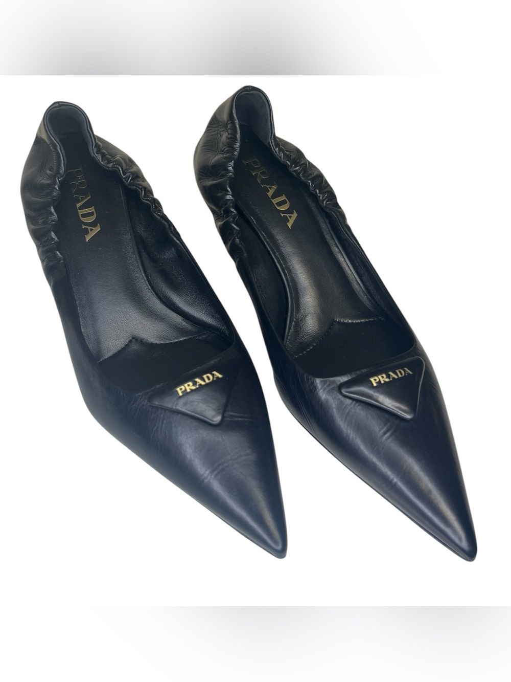 Prada Ruched Logo Kitten Heel Pump